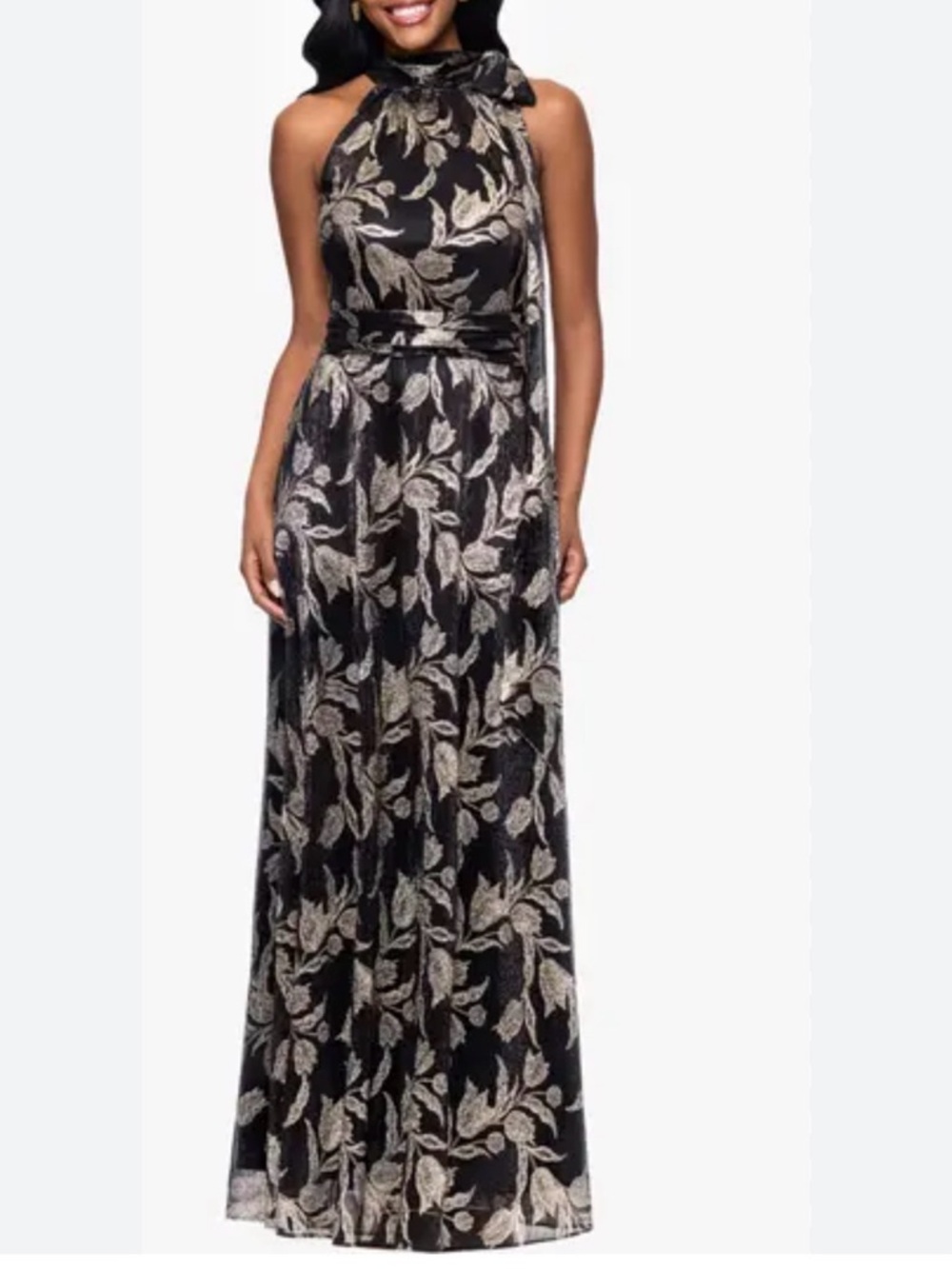 Betsy & Adam Metallic Floral Sheath Halter Black with Metallic Leaf Print Dress